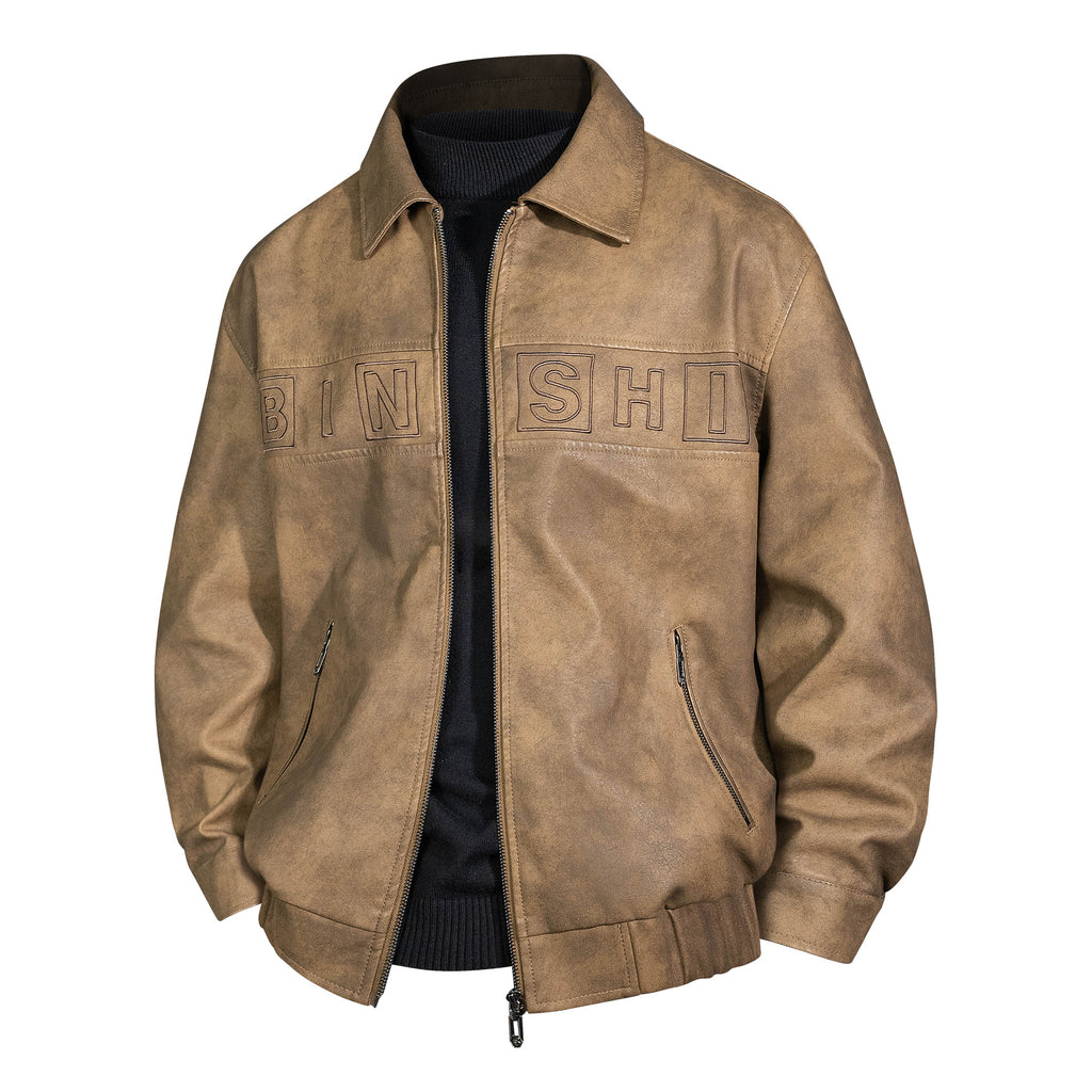 Men's Suede Look Bomber Jacket with Applied Logo and Zipper Fashion Glam