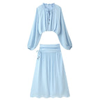 Women's Two-Piece Boho Set with Cropped Ruffle Blouse, Balloon Sleeves and High-Waisted Maxi Skirt Fashion Glam