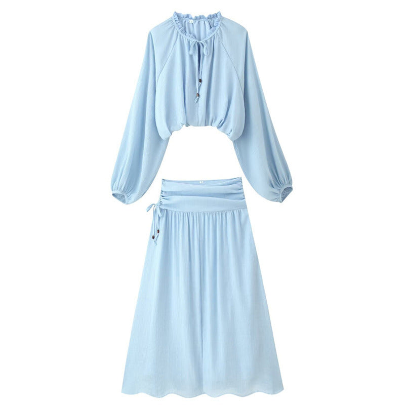 Women's Two-Piece Boho Set with Cropped Ruffle Blouse, Balloon Sleeves and High-Waisted Maxi Skirt Fashion Glam