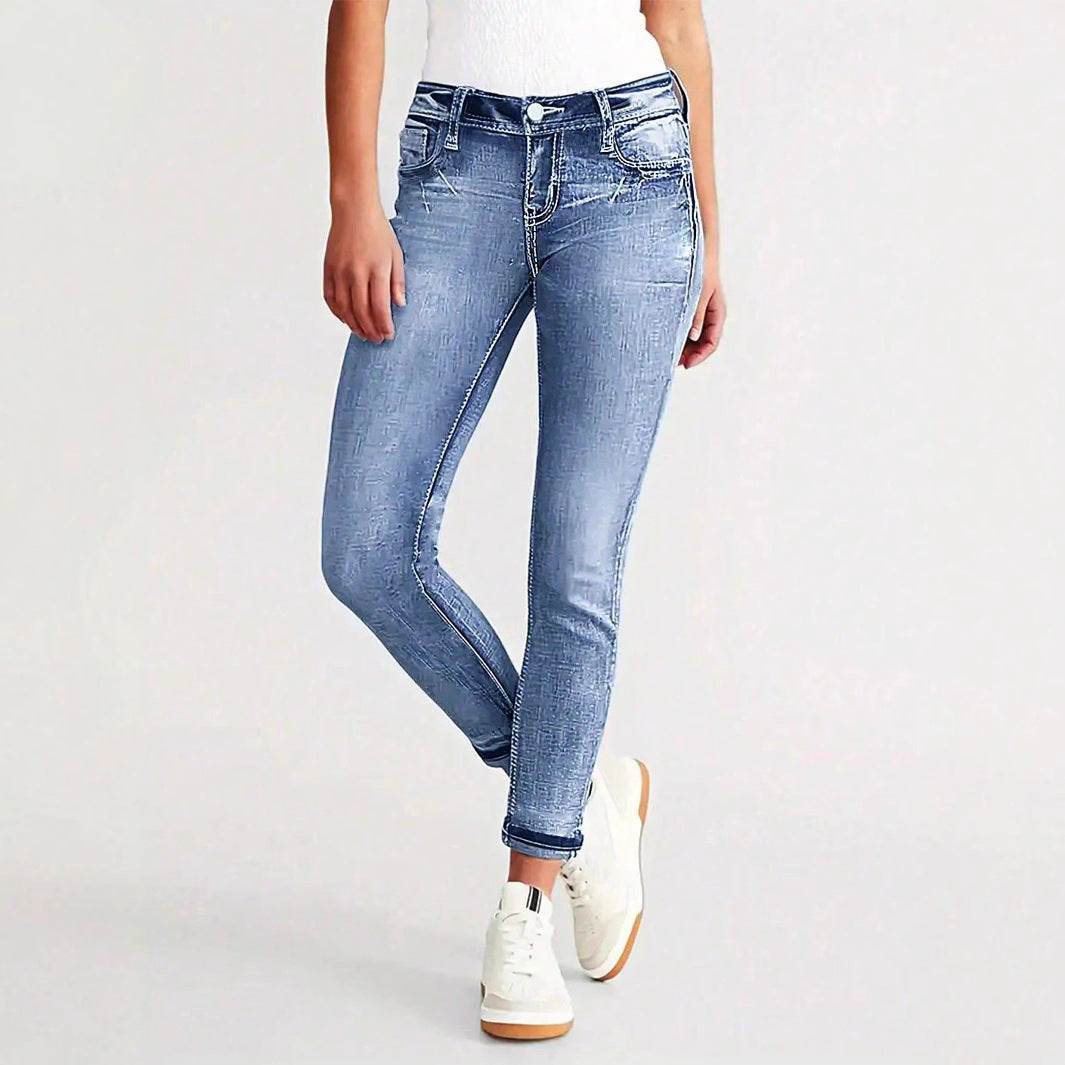 Women Ankle-Length Slim-Fit Stretch Jeans with Subtle Used Wash and Sculpting Waistband Fashion Glam