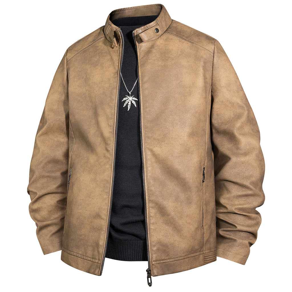 Men's Vintage Leather Look Bomber Jacket with Stand-up Collar and Zipper Fashion Glam