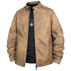 Men's Vintage Leather Look Bomber Jacket with Stand-up Collar and Zipper Fashion Glam