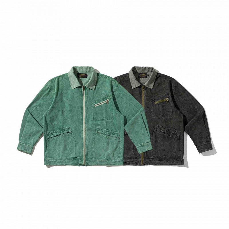 Unisex Boxy Overshirt Jacket made of washed denim with front zipper and multiple pockets Fashion Glam