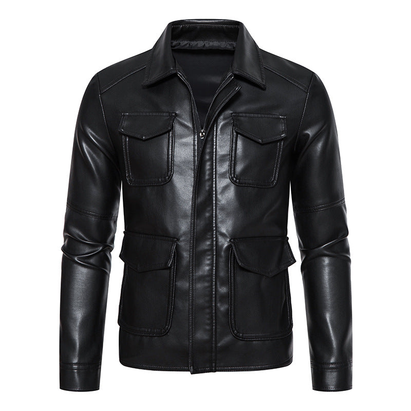 Men's field jacket in smooth leather look with flap pockets and slim fit Fashion Glam