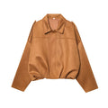 Women's Cropped Suede Look Blouson Jacket with Waist Smocking and Shoulder Patches Fashion Glam