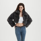 Women Cropped Hooded Jacket made of long-fiber Faux Fur with horizontal volume sections Fashion Glam