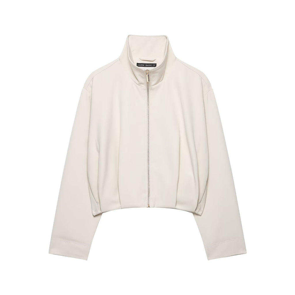 Women's Short Stand Collar Bomber Jacket with Zipper and Fitted Cuffs Fashion Glam
