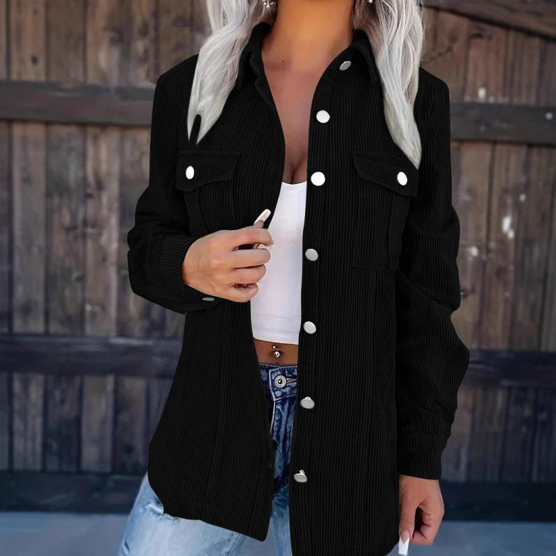 Ladies cord shirt jacket in shacket style with snap button placket and chest pockets Fashion Glam