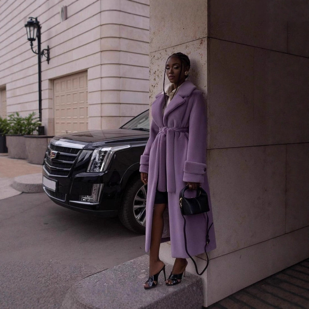 Women Elegant Maxi Wool Coat with Waist Belt, Wide Lapel and Roll-Up Cuffs Fashion Glam