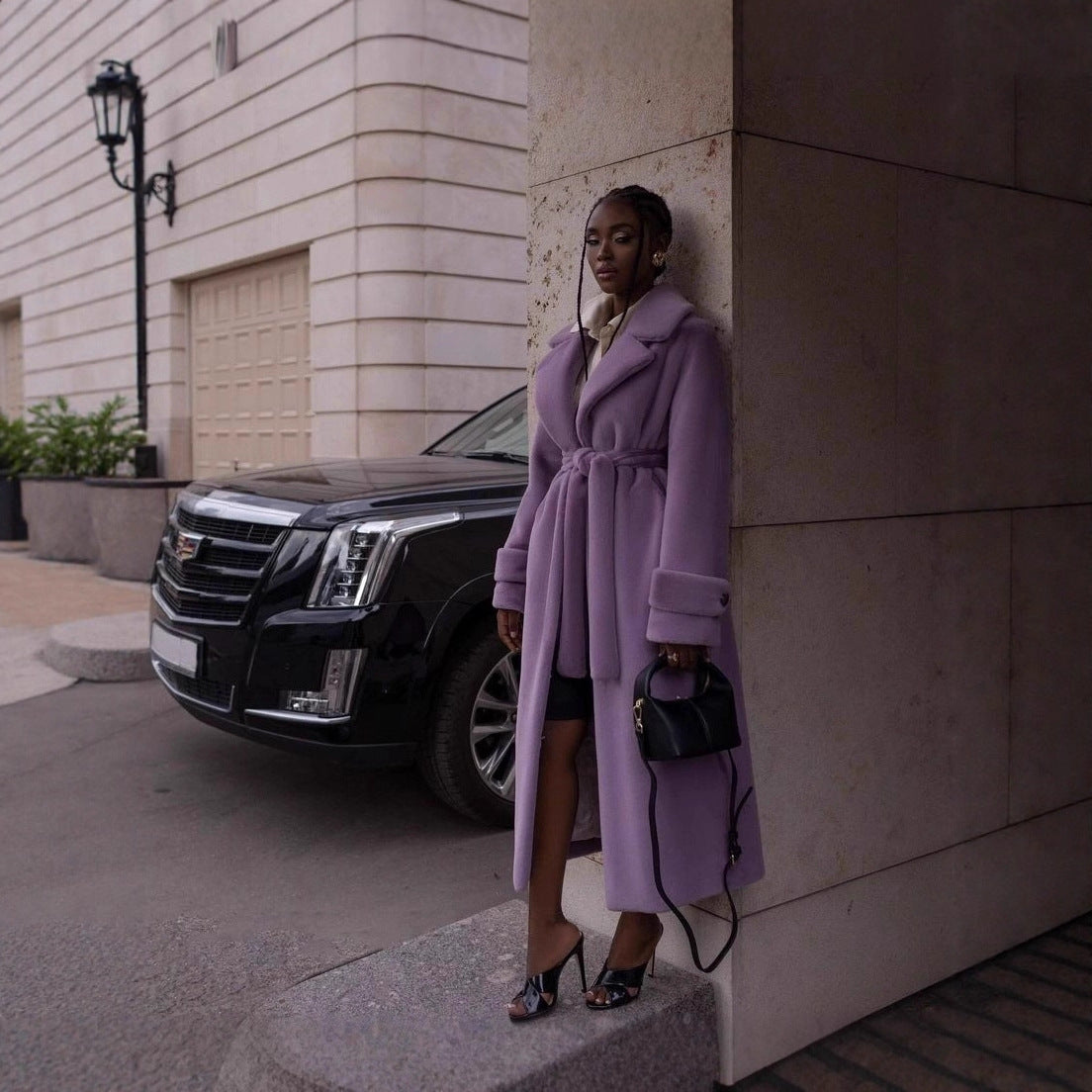 Women Elegant Maxi Wool Coat with Waist Belt, Wide Lapel and Roll-Up Cuffs Fashion Glam
