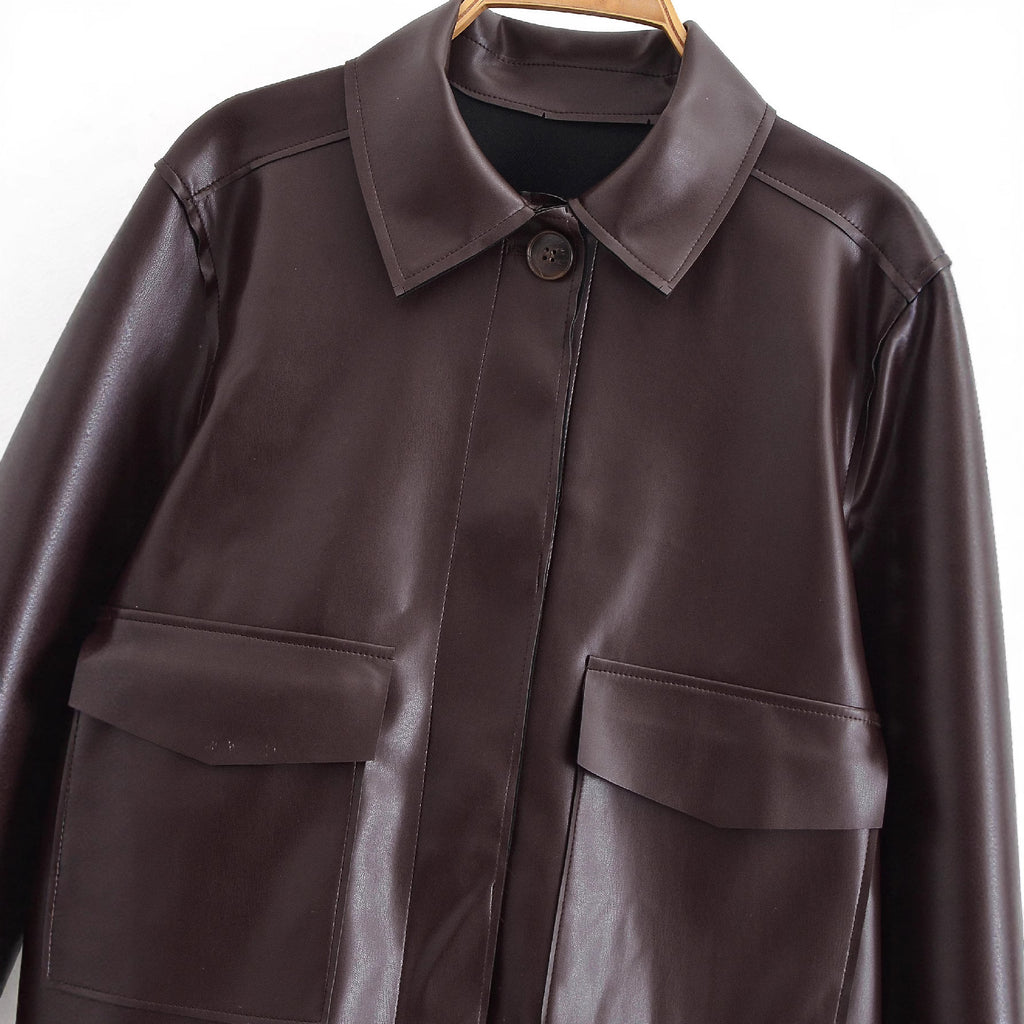 Women Short Boxy Leather-Look Jacket with Flap Pockets and Shirt Collar Fashion Glam