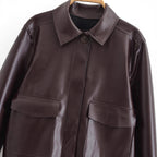 Women Short Boxy Leather-Look Jacket with Flap Pockets and Shirt Collar Fashion Glam