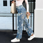 Women High-Waist Straight Jeans with floral print and relaxed fit Fashion Glam
