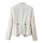 Women Boucle Blazer with Stand Collar, Asymmetrical Closure and Fringed Hem Fashion Glam