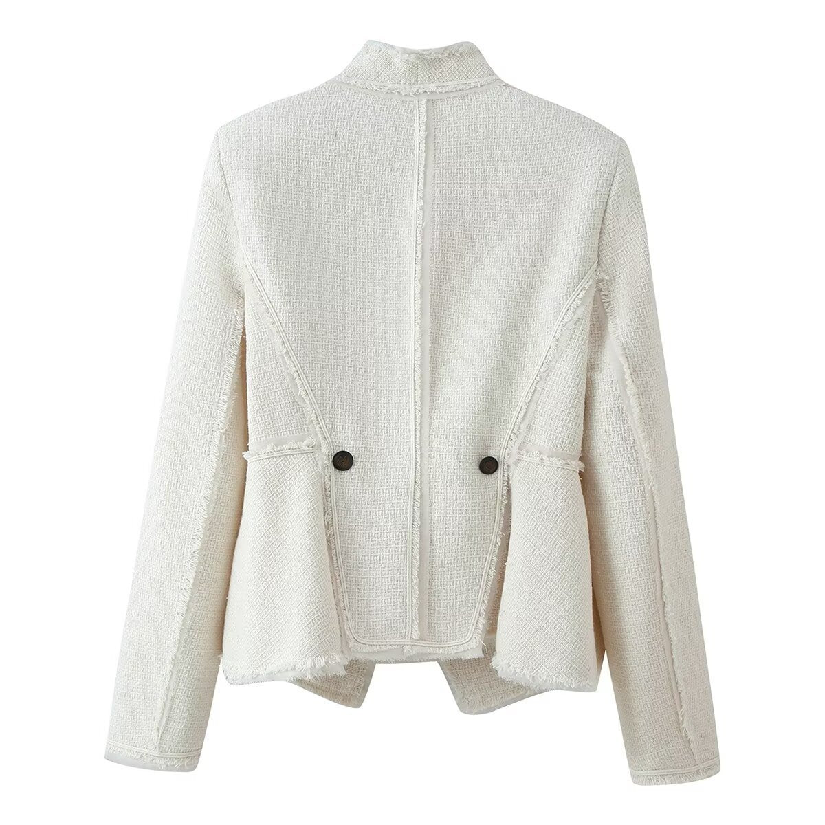 Women Boucle Blazer with Stand Collar, Asymmetrical Closure and Fringed Hem Fashion Glam