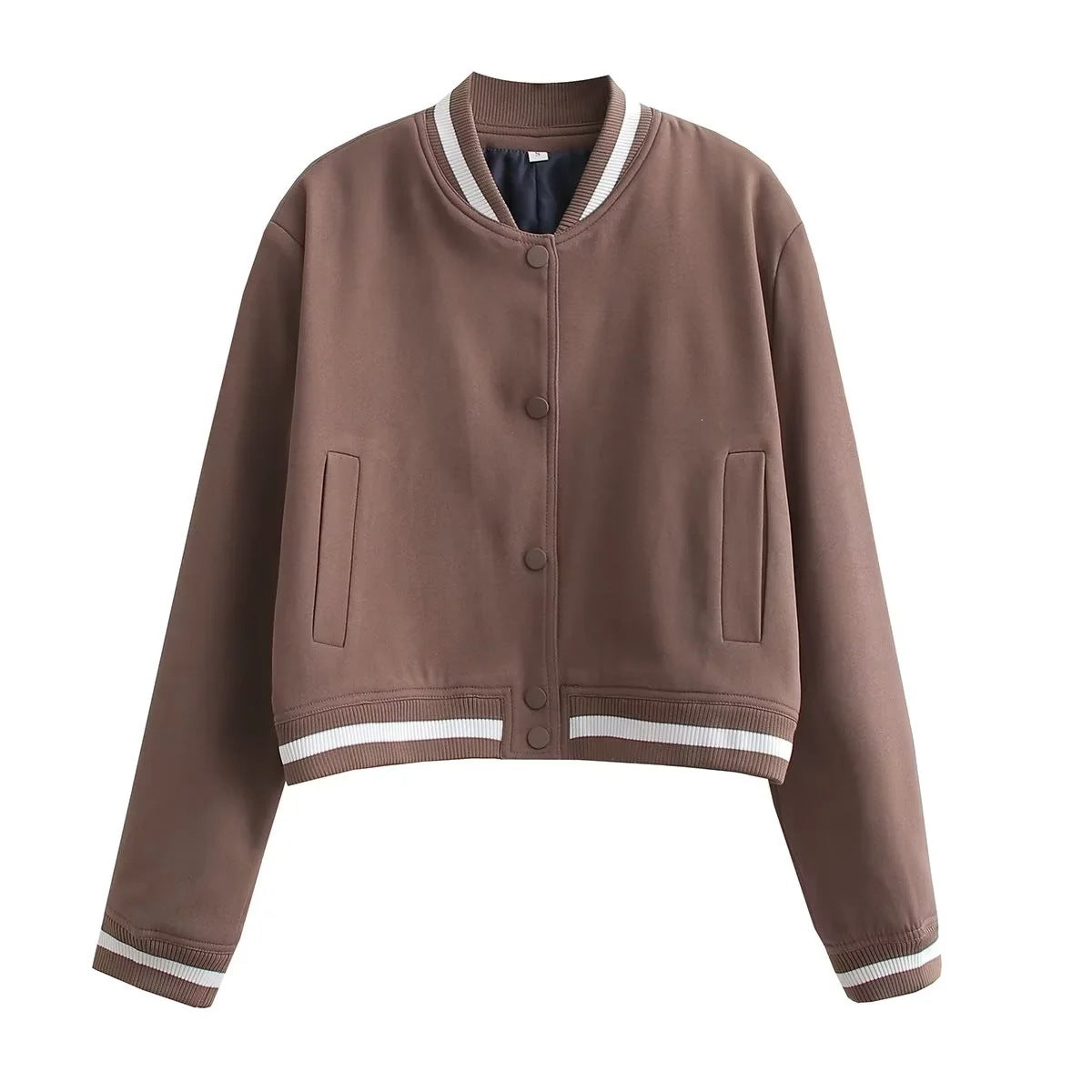 Women's Cropped College Bomber Jacket with Striped Ribbed Cuffs and Snap Button Closure Fashion Glam