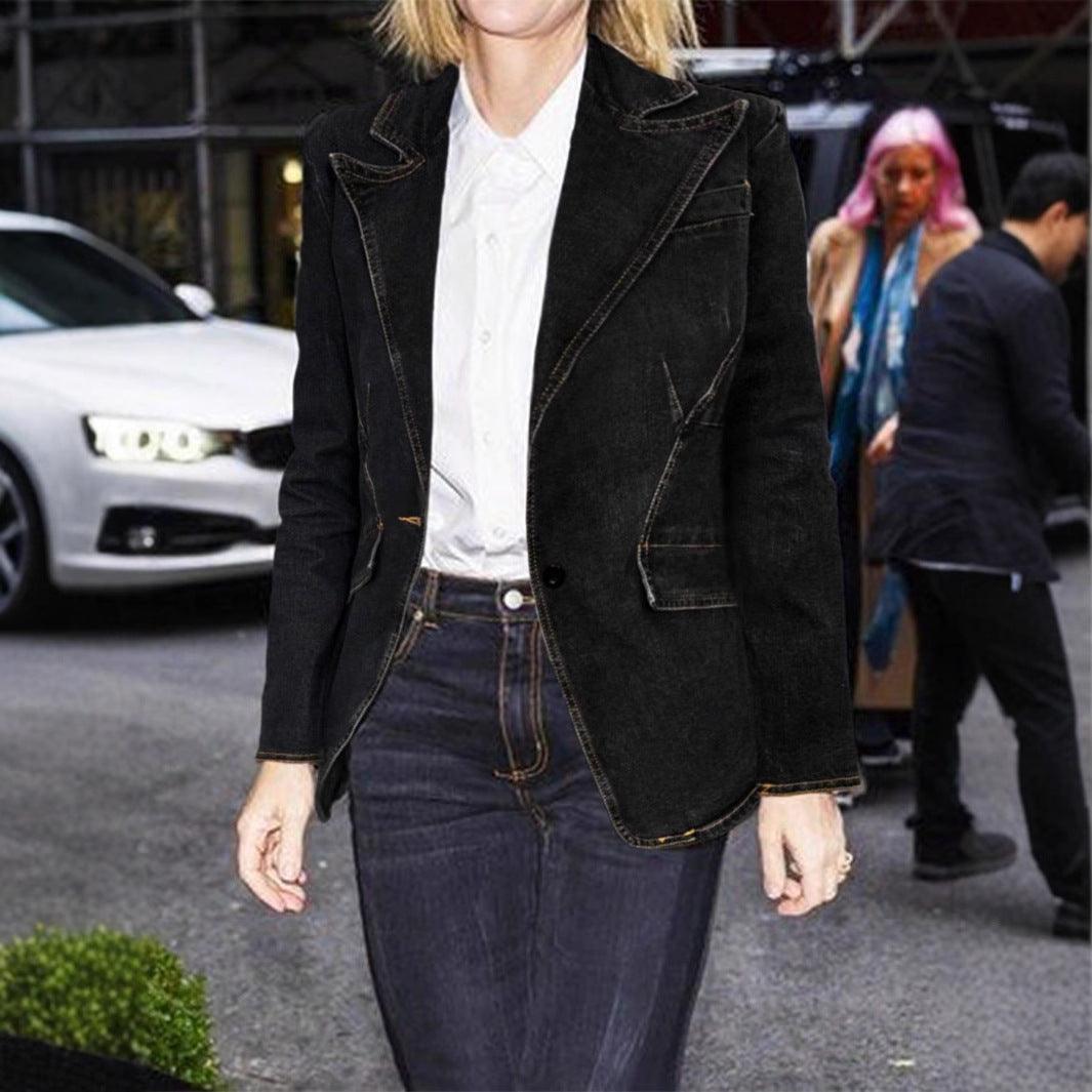 Women's tailored denim blazer with lapel collar and flap pockets Fashion Glam