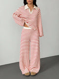 Women's Knitted Loungewear Set with Polo V Neck, Bell Sleeves, and Wide High-Cut Trouser Leg Fashion Glam
