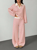 Women's Knitted Loungewear Set with Polo V Neck, Bell Sleeves, and Wide High-Cut Trouser Leg Fashion Glam