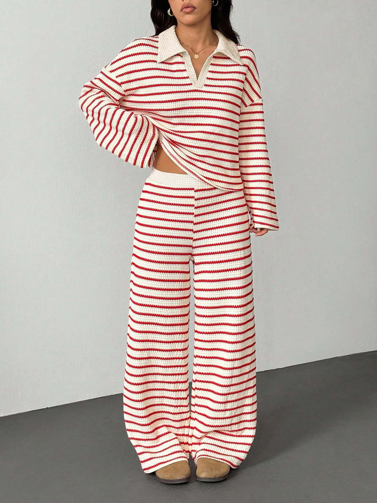 Women's Knitted Loungewear Set with Polo V Neck, Bell Sleeves, and Wide High-Cut Trouser Leg Fashion Glam