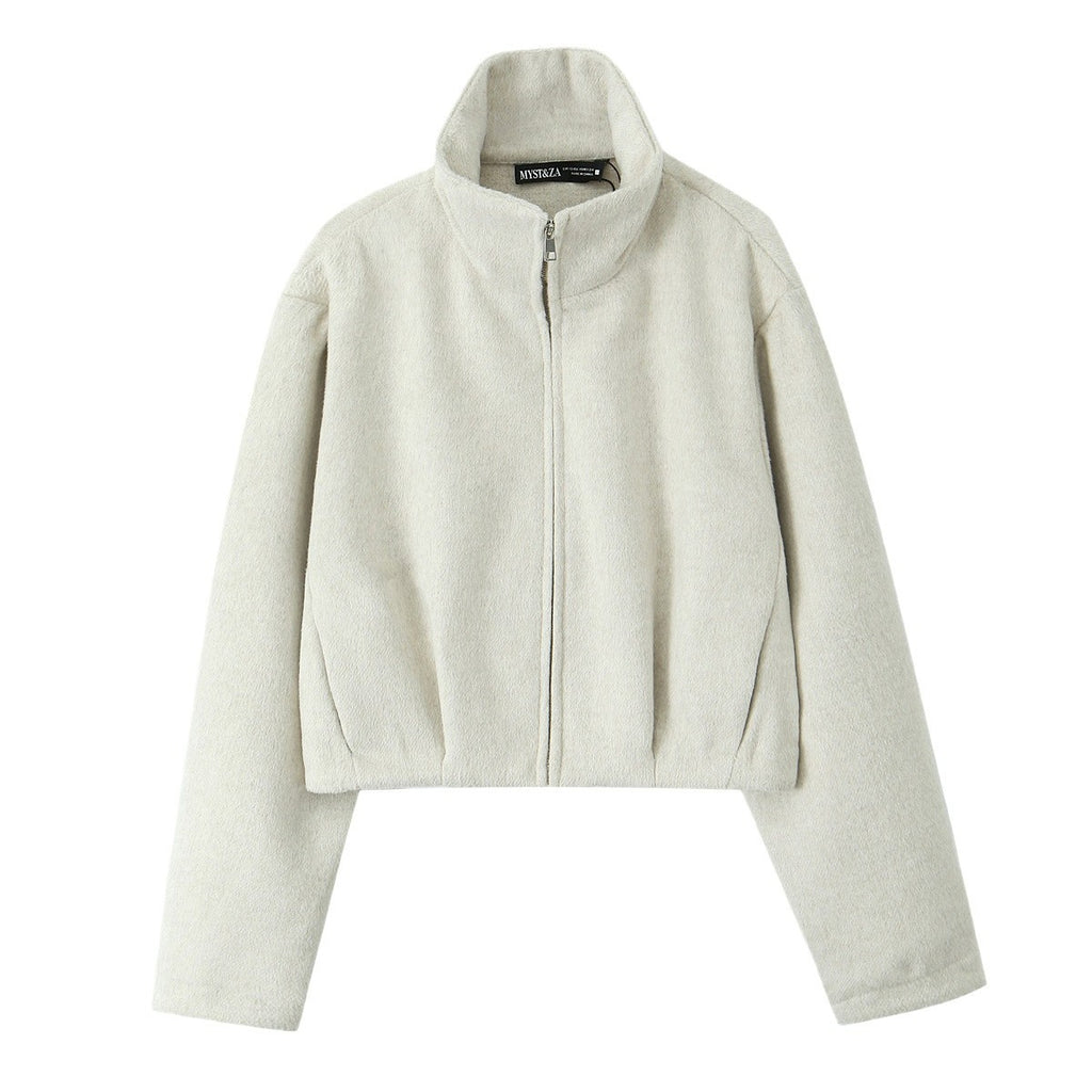 Women Boxy Fleece Jacket with Stand-up Collar and Concealed Zipper Fashion Glam