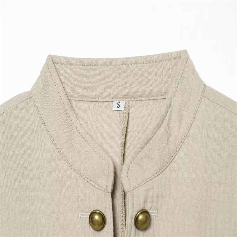 Women Boxy Linen Blazer with Stand Collar, Decorative Button Placket and Patch Pockets Fashion Glam