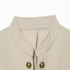 Women Boxy Linen Blazer with Stand Collar, Decorative Button Placket and Patch Pockets Fashion Glam
