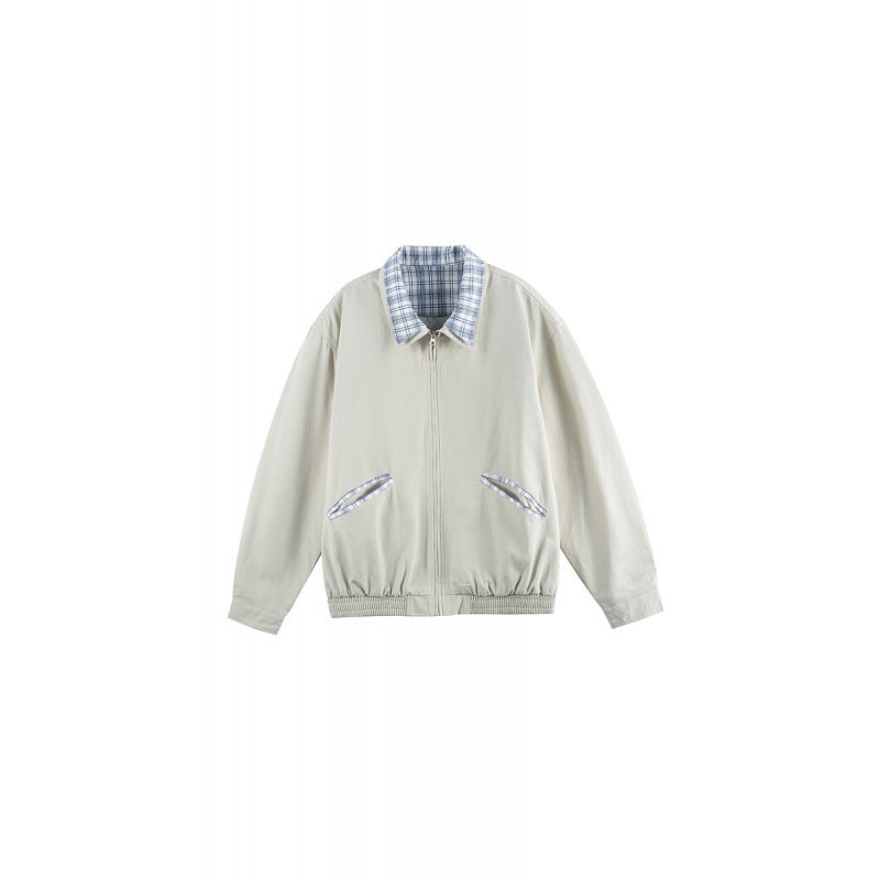 Unisex Lightweight Zip-Over Jacket in Boxy Cut with Check Collar and Elastic Hem Fashion Glam