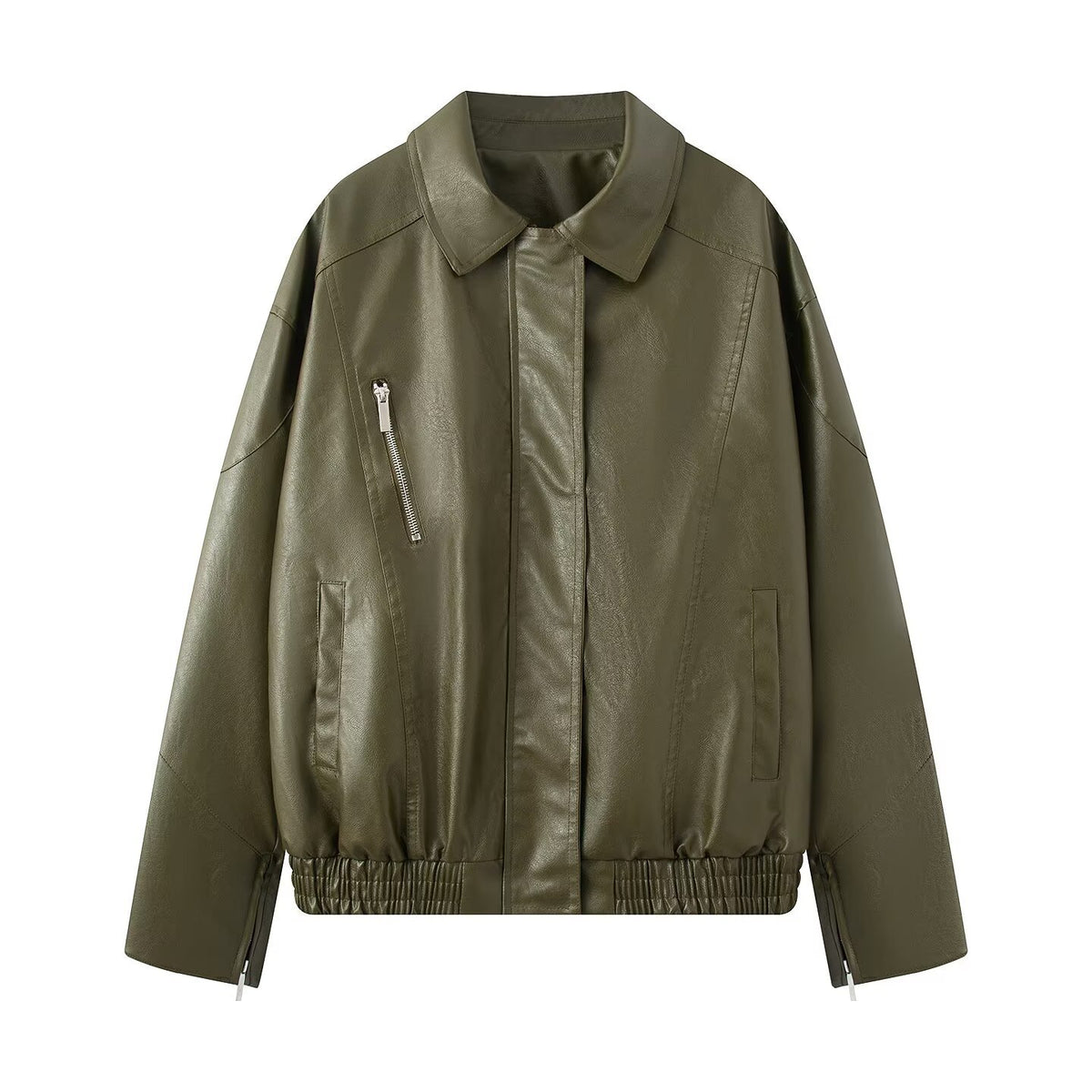 Women's Oversized Faux Leather Bomber Jacket with Elastic Hem, Concealed Snap Placket, and Asymmetric Zipper Pocket Fashion Glam