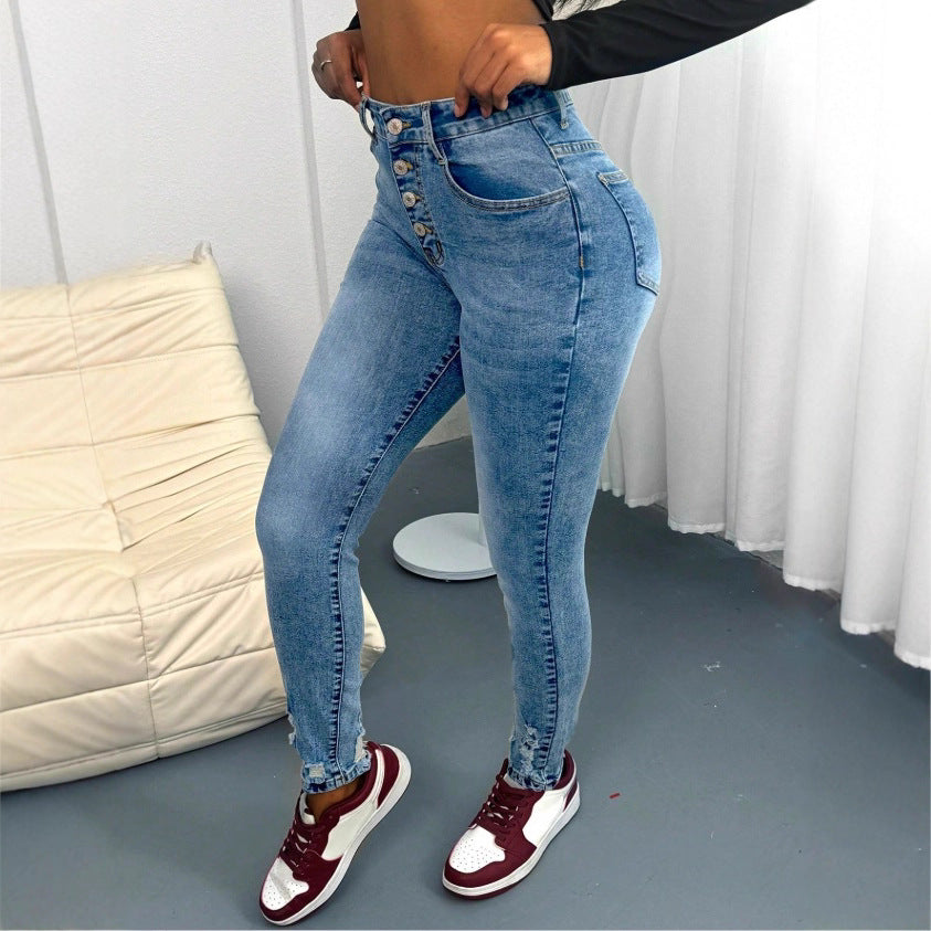 Women's high-waisted Sculpting Skinny Jeans with visible decorative button placket and ankle-length sculpting fit Fashion Glam