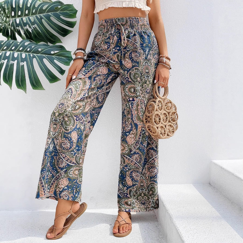 Ladies wide summer trousers in linen look with elastic waistband and paisley print Fashion Glam