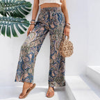 Ladies wide summer trousers in linen look with elastic waistband and paisley print Fashion Glam