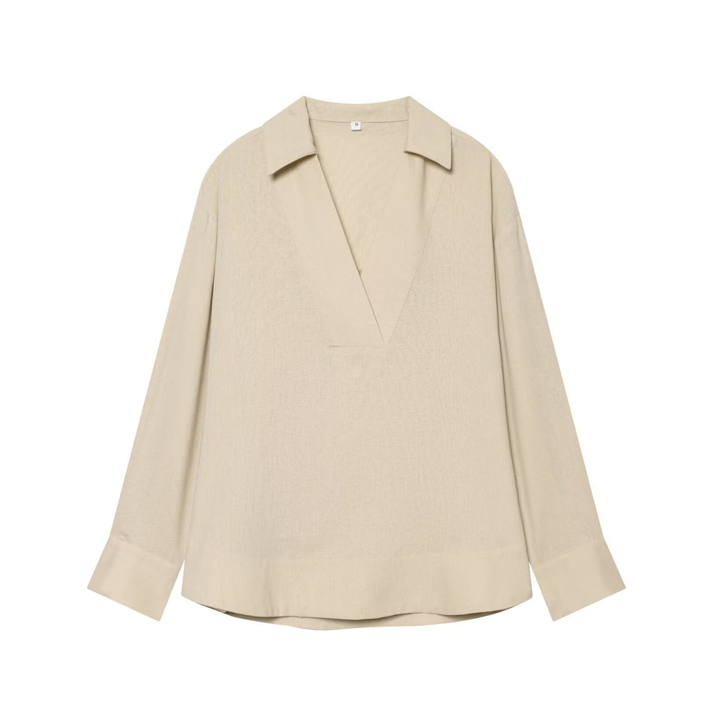 Women's loose linen look tunic with deep V-neck and shirt collar Fashion Glam