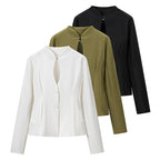 Women's Tailored Short Blazer without Lapels with Stand-Up Collar Look and Shaping Seams Fashion Glam