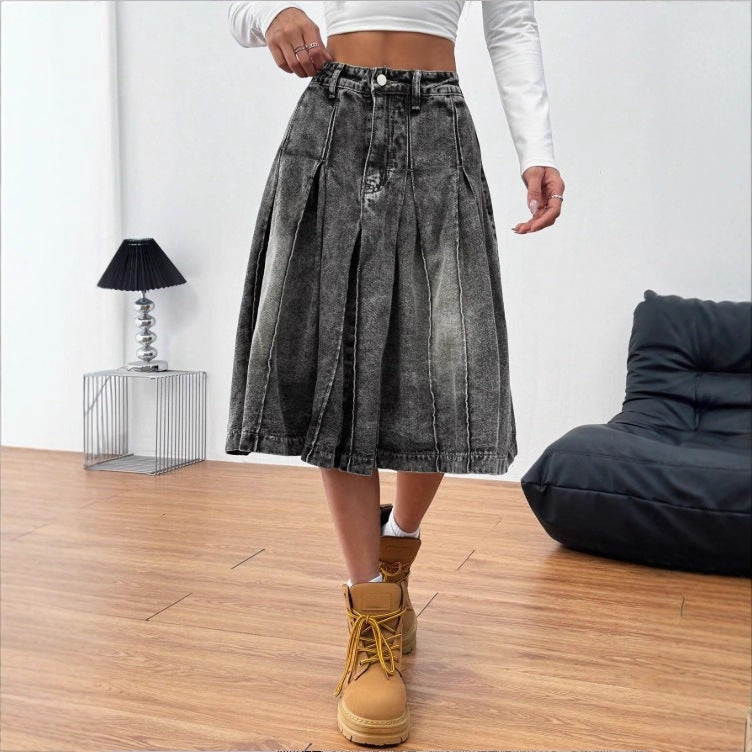 Ladies midi skirt made of denim with vintage wash, pleats and high waist Fashion Glam