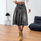 Ladies midi skirt made of denim with vintage wash, pleats and high waist Fashion Glam