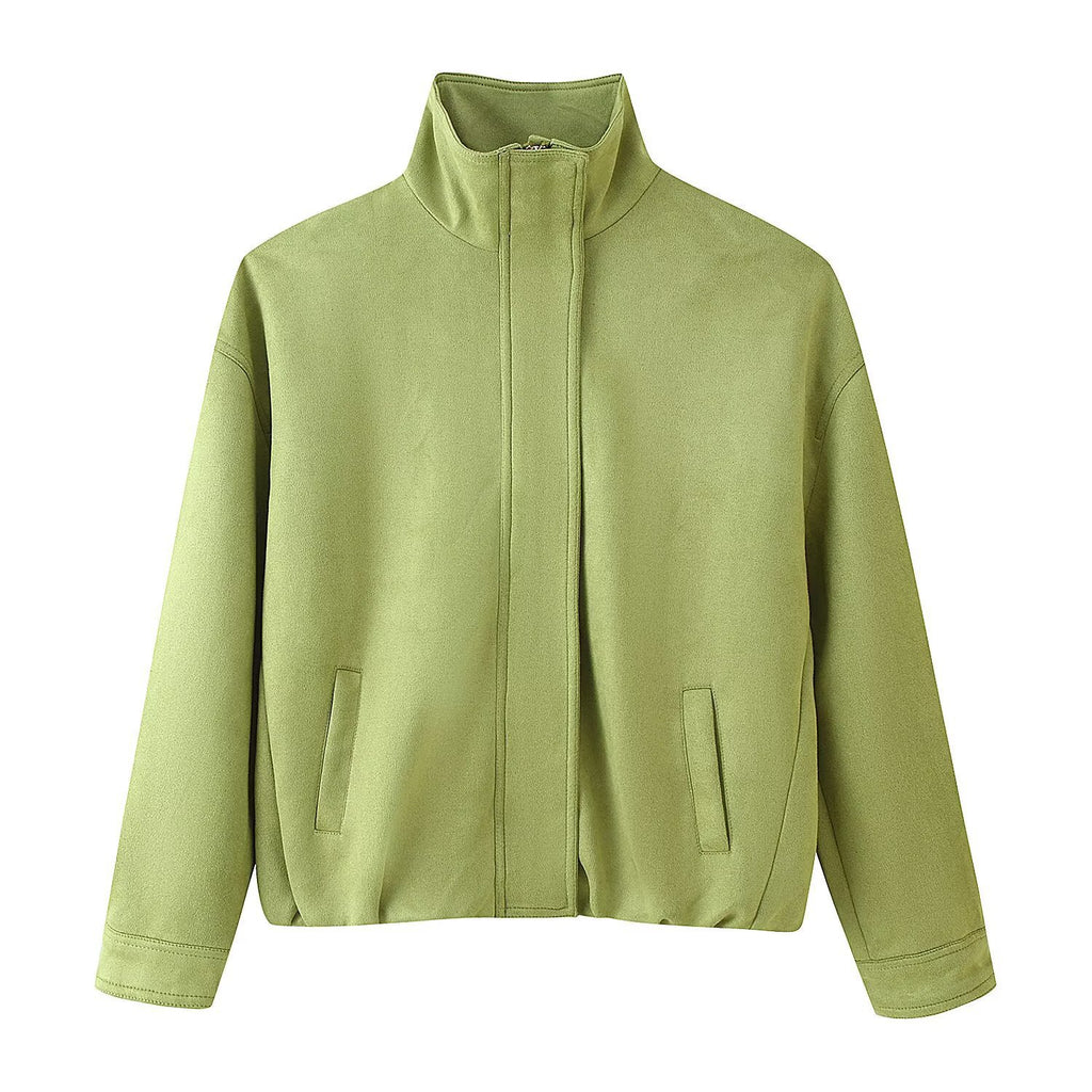 Women's Boxy Short Jacket with High Stand Collar and Concealed Zipper Fashion Glam