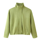 Women's Boxy Short Jacket with High Stand Collar and Concealed Zipper Fashion Glam