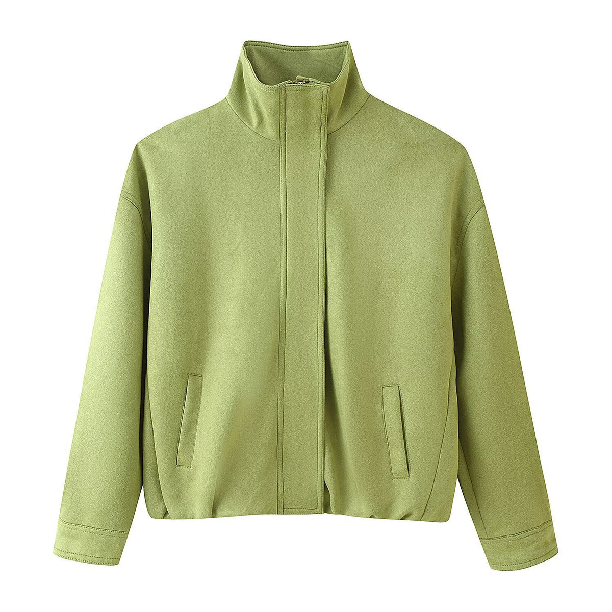 Women's Boxy Short Jacket with High Stand Collar and Concealed Zipper Fashion Glam