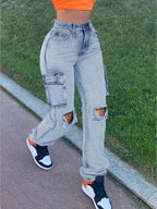 Ladies High-Waist Cargo Jeans with straight leg, knee rips and side flap pocket Fashion Glam