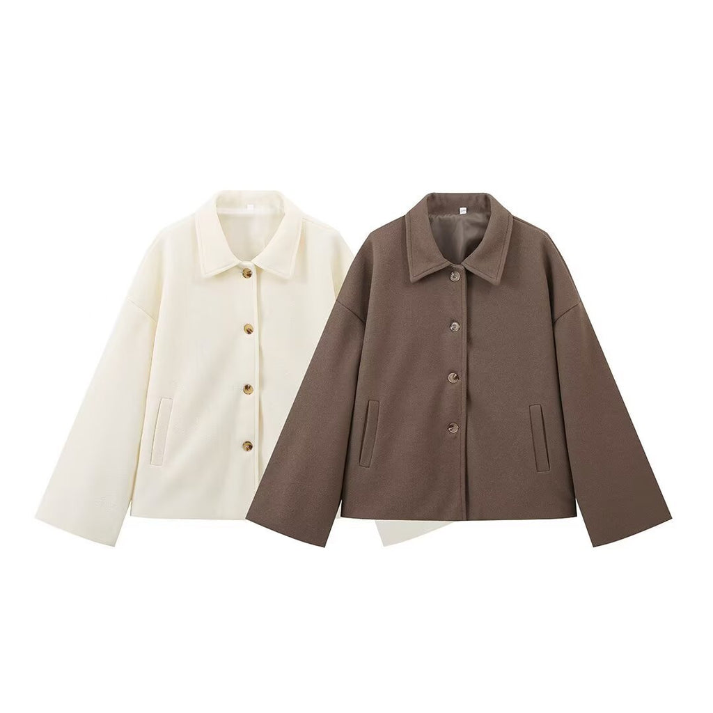 Ladies short jacket in boxy cut made of wool blend with shirt collar and concealed button placket Fashion Glam