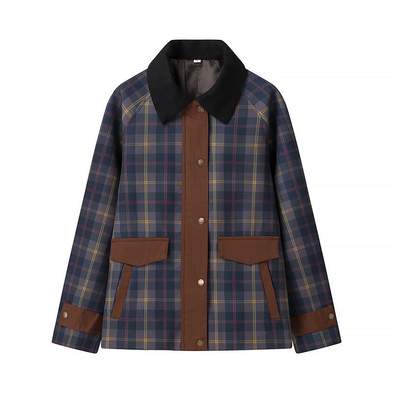 Women’s Oversize Checkered Field Jacket with Waxed Look and Snap Button Placket Fashion Glam