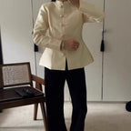Women Tailored Mandarin Blazer with Frog Buttons and Shaping Darts Fashion Glam