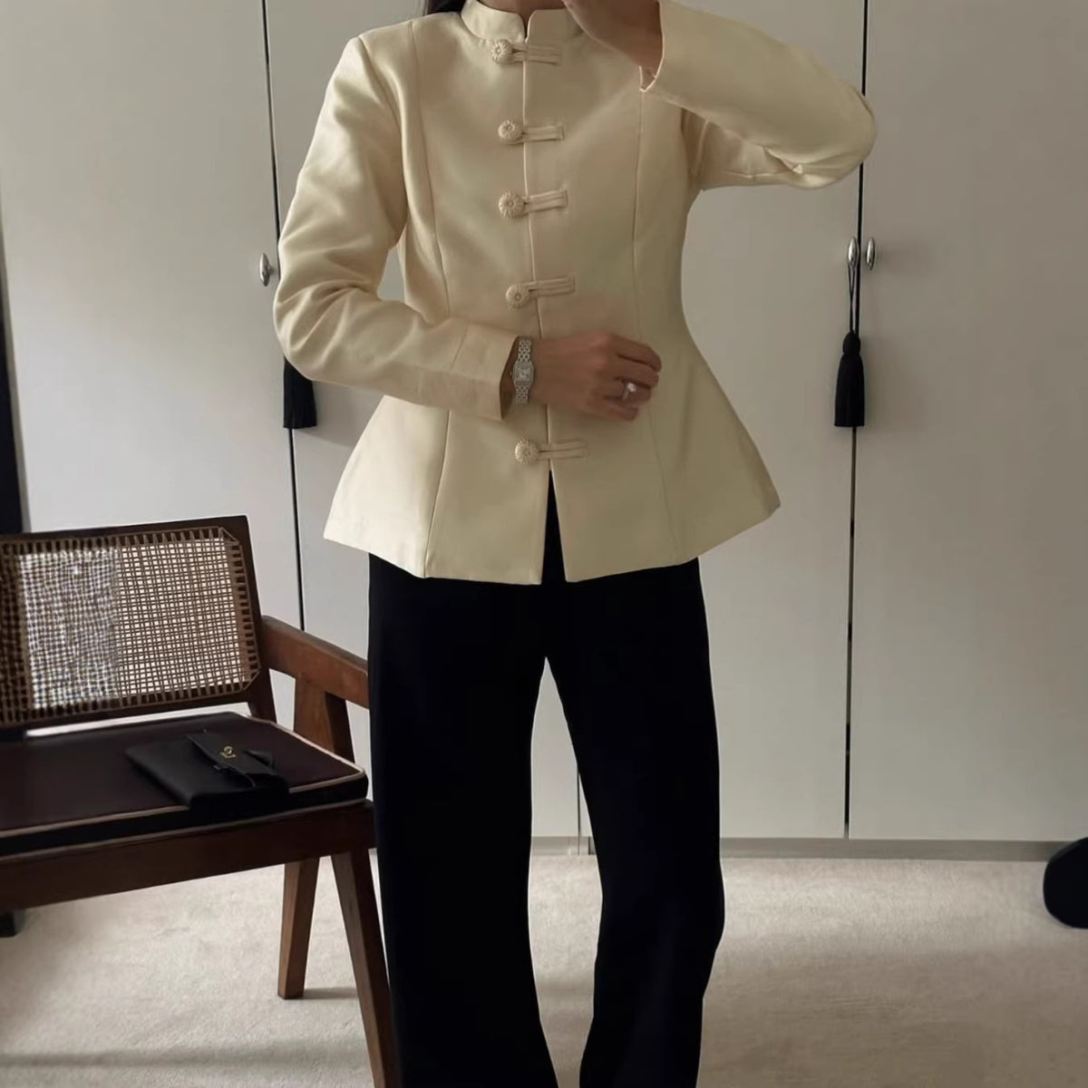 Women Tailored Mandarin Blazer with Frog Buttons and Shaping Darts Fashion Glam