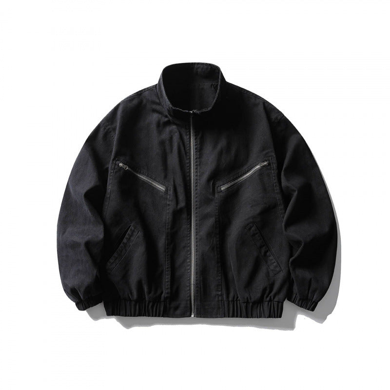 Unisex Boxy Zip Blouson Jacket made of Canvas with Stand-Up Collar, Asymmetrical Zipper Pockets and Elastic Hem Fashion Glam