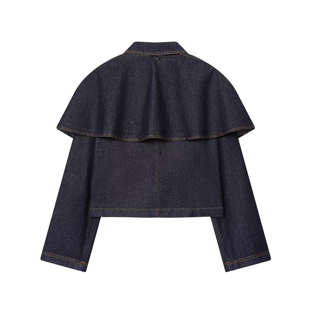 Women's Short Jeans Jacket with Cape Insert, Flap Pockets and Snap Buttons Fashion Glam