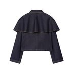 Women's Short Jeans Jacket with Cape Insert, Flap Pockets and Snap Buttons Fashion Glam