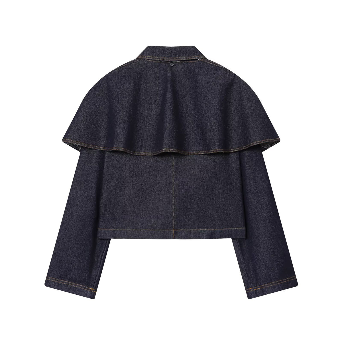 Women's Short Jeans Jacket with Cape Insert, Flap Pockets and Snap Buttons Fashion Glam