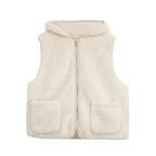Women Padded Sherpa Vest with Hood, Zipper and Patch Pockets Fashion Glam