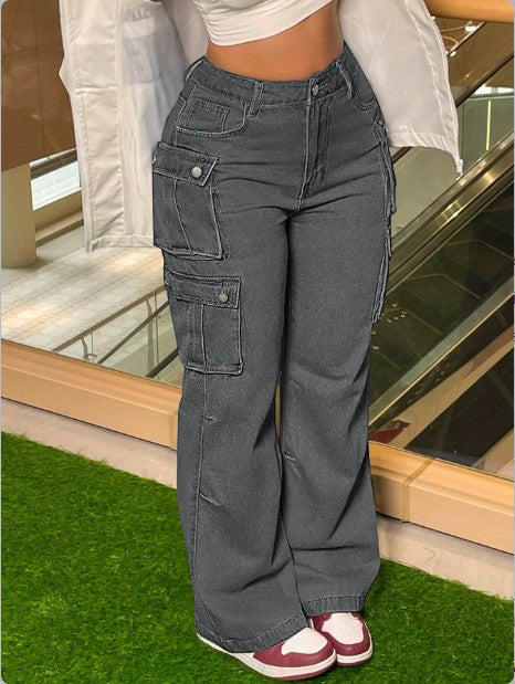 Women's Cargo Denim Pants with Wide Leg, High Waist & Multifunctional Flap Pockets Fashion Glam